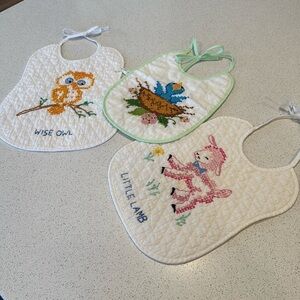 Vintage Cross Stitch Embroidered Baby Little Lamb Wise Owl baby blue bird set 3